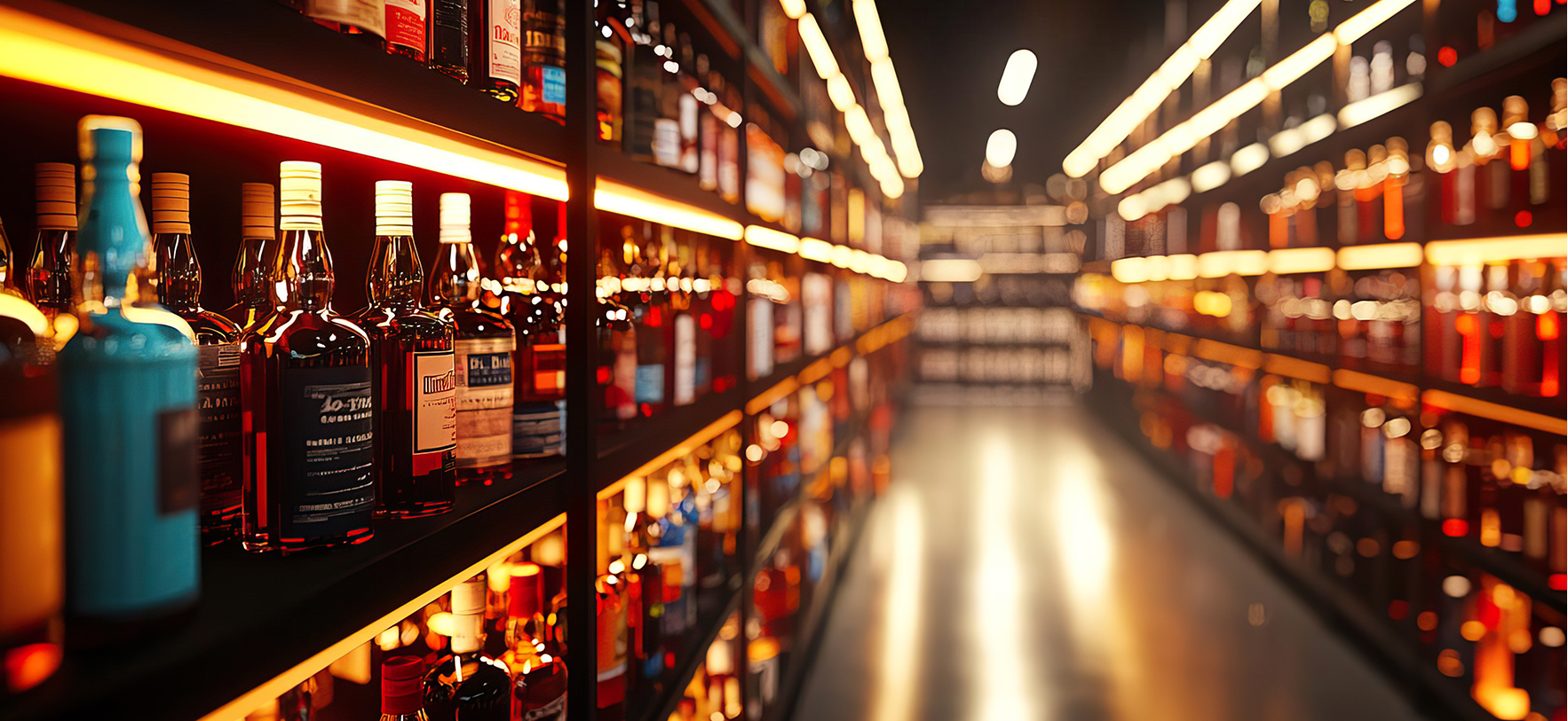 A well-organized liquor store aisle filled with various bottles of spirits, showcasing vibrant colors and enticing labels.