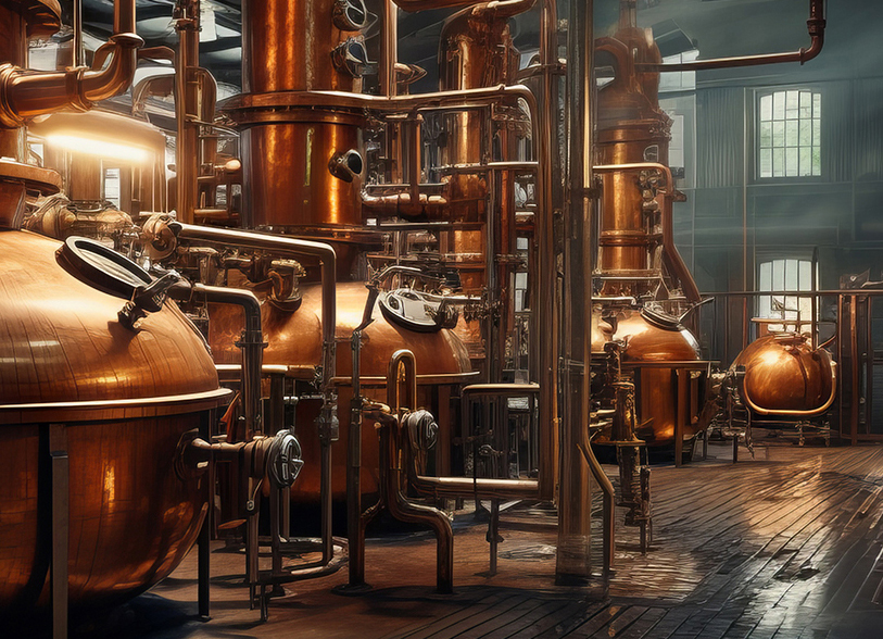 The interior is a distillery, a winery with modern equipment. Winery, alcoholic beverage storage, food industry concepts.